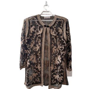 Sophie Chang Studio kimono top womens 1X ? black gold applique mesh Holi…